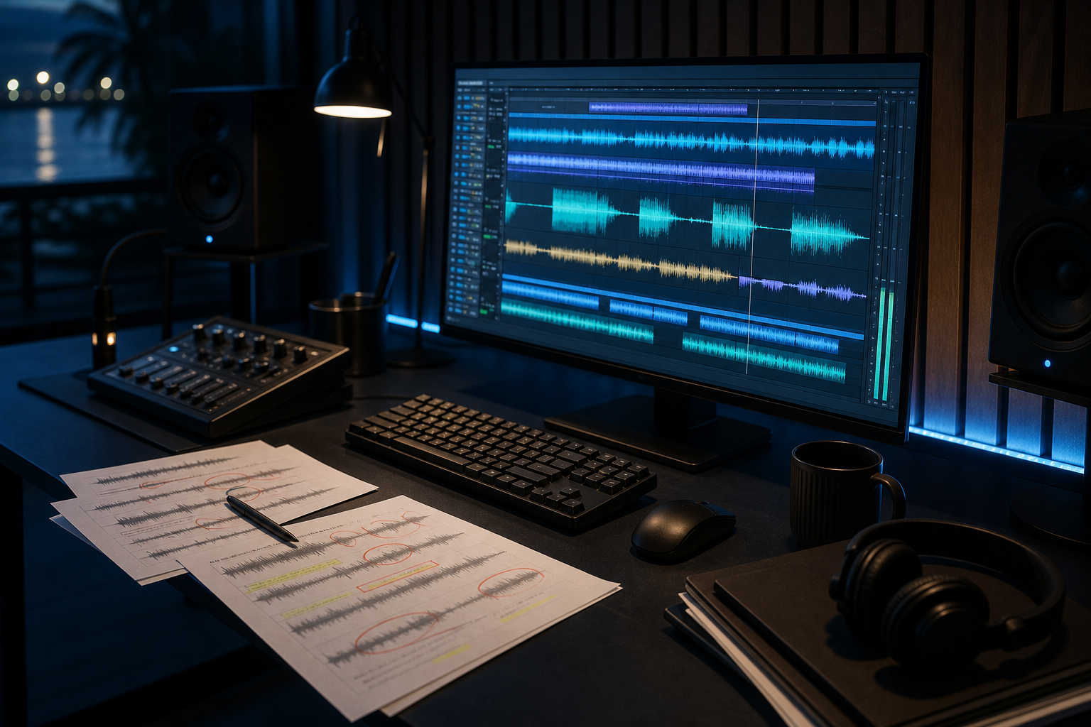 Poste d’édition audio illustrant des formes d’onde abstraites