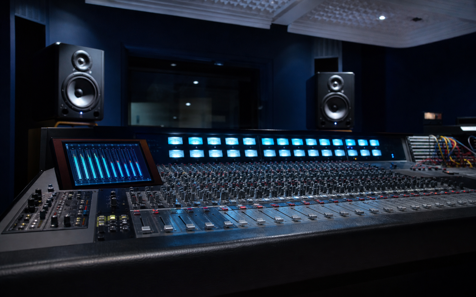 Console de mixage illustrée dans une palette bleu nuit et cyan