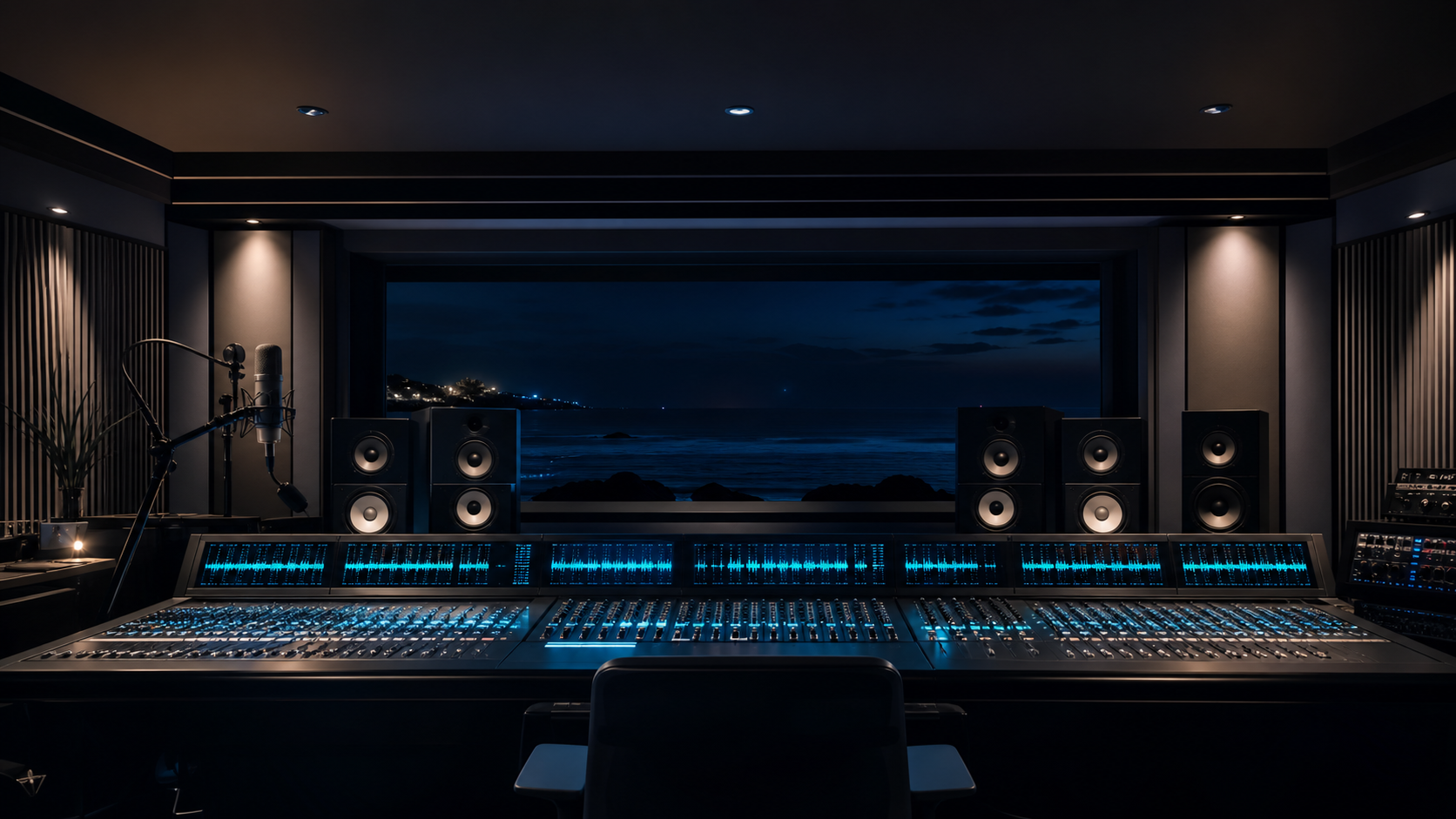Console de studio illustrée dans une ambiance nocturne atlantique